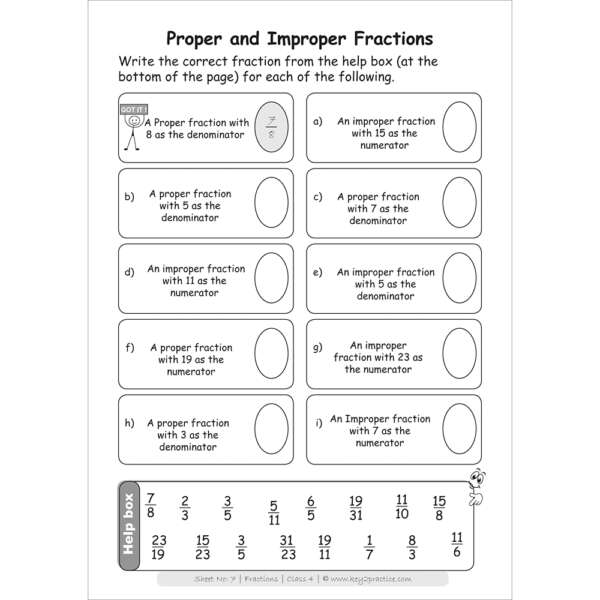 Fractions (proper and improper) worksheets for grade 3