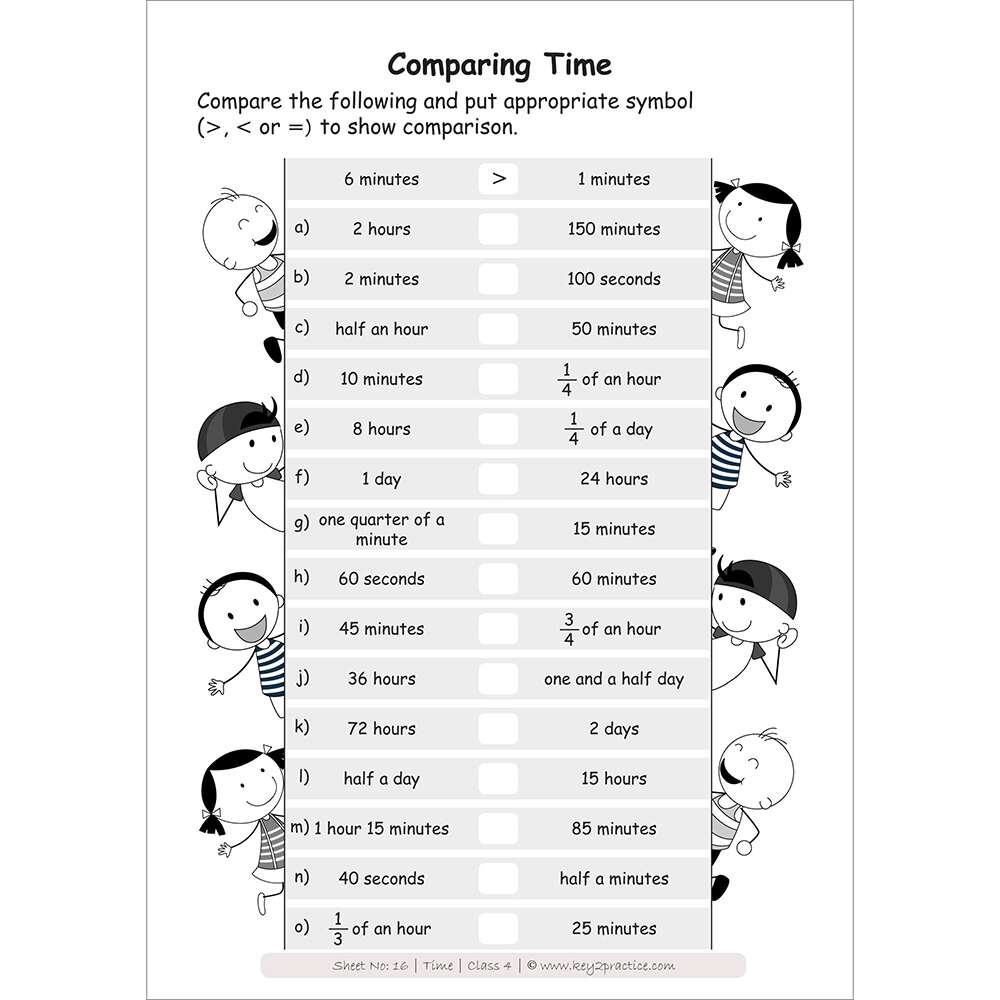 Time (Comparing time) worksheets for grade 4
