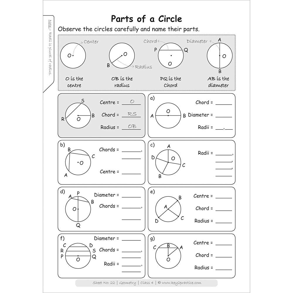 Geometry (parts of a circle) maths practice workbooks