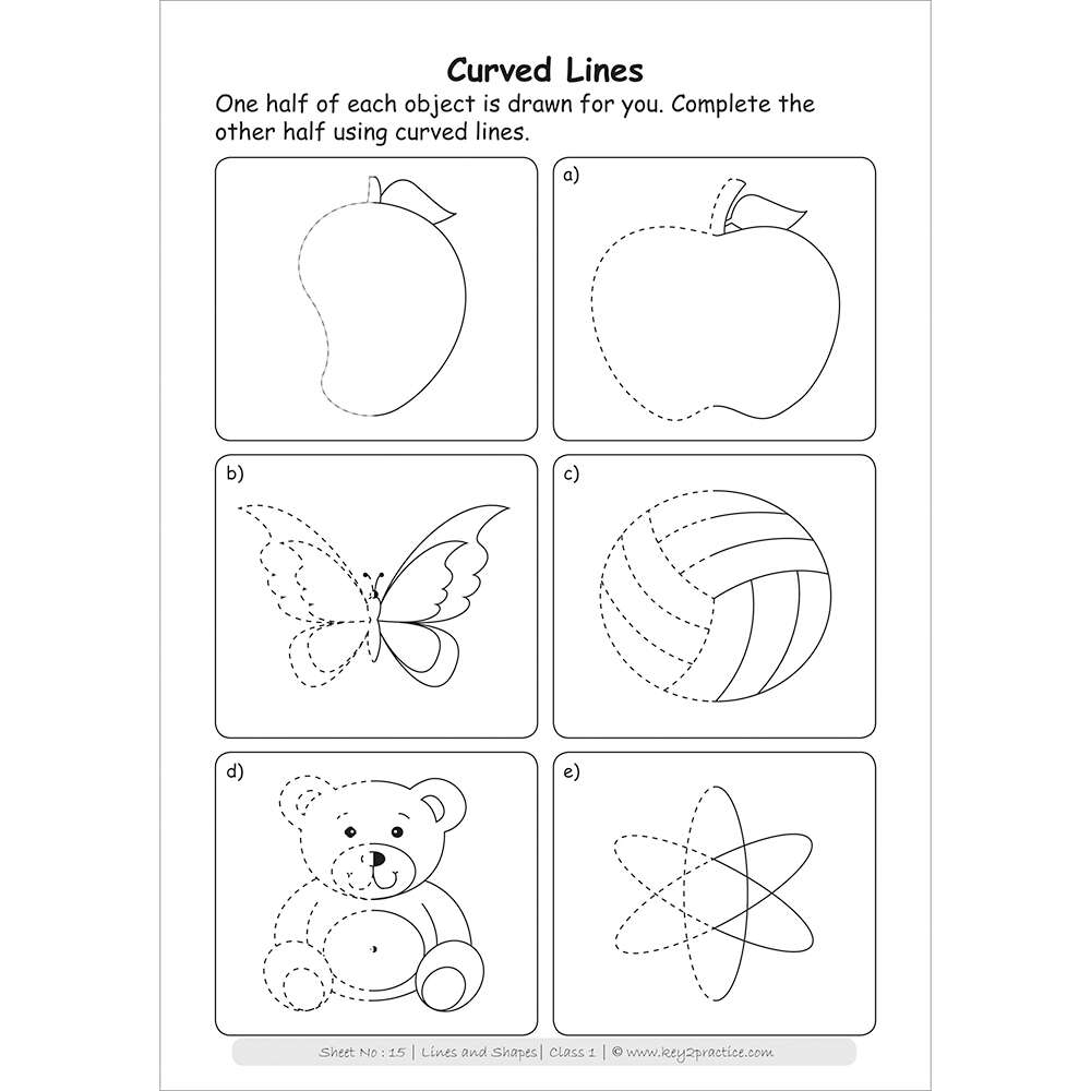 Lines and shapes (curved lines) worksheets for grade 1