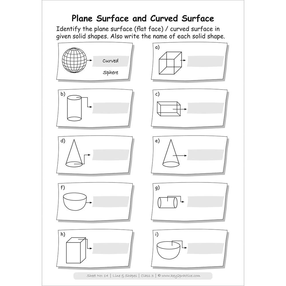 Lines and shapes (plane surface and curved surface) worksheets for grade 3