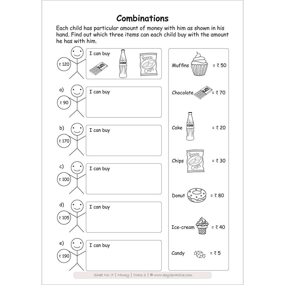 Money (combinations) worksheets for grade 3