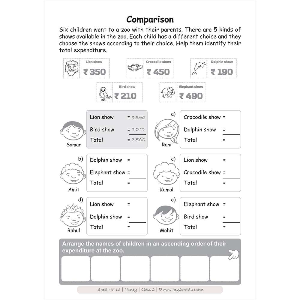 Money (comparison) worksheets for grade 2