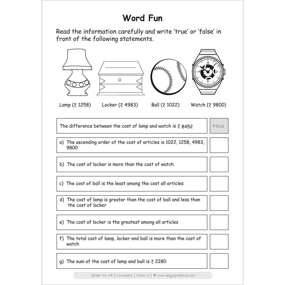 Numbers (word fun) worksheets for grade 3