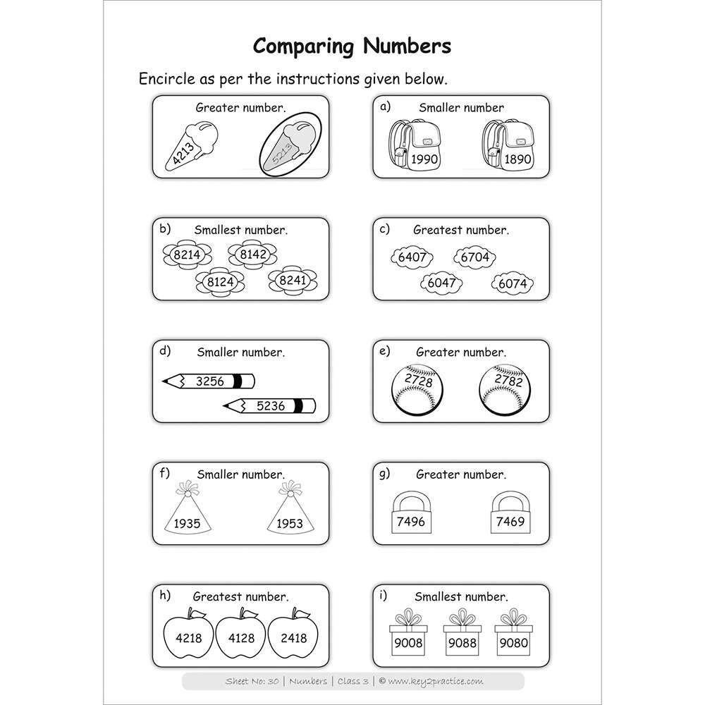 Numbers (comparing numbers) worksheets for grade 3