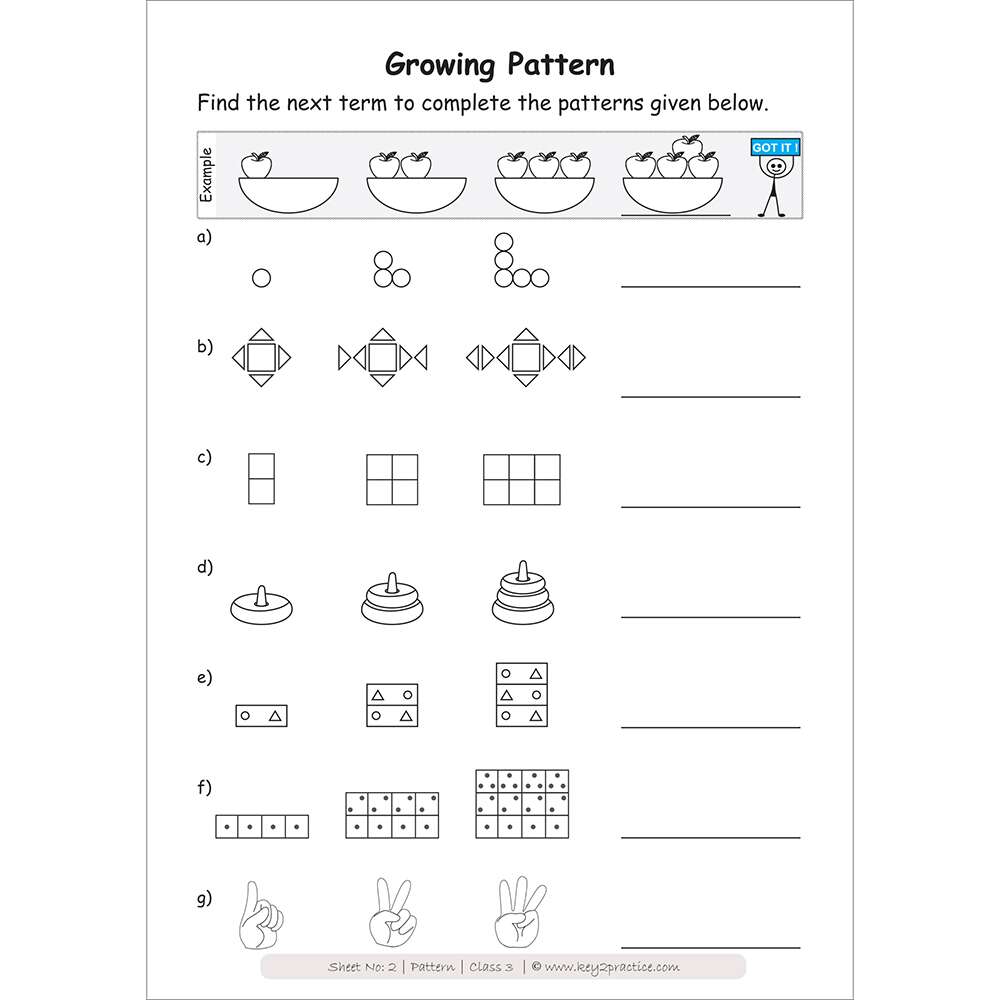Patterns (growing pattern) worksheets for grade 3
