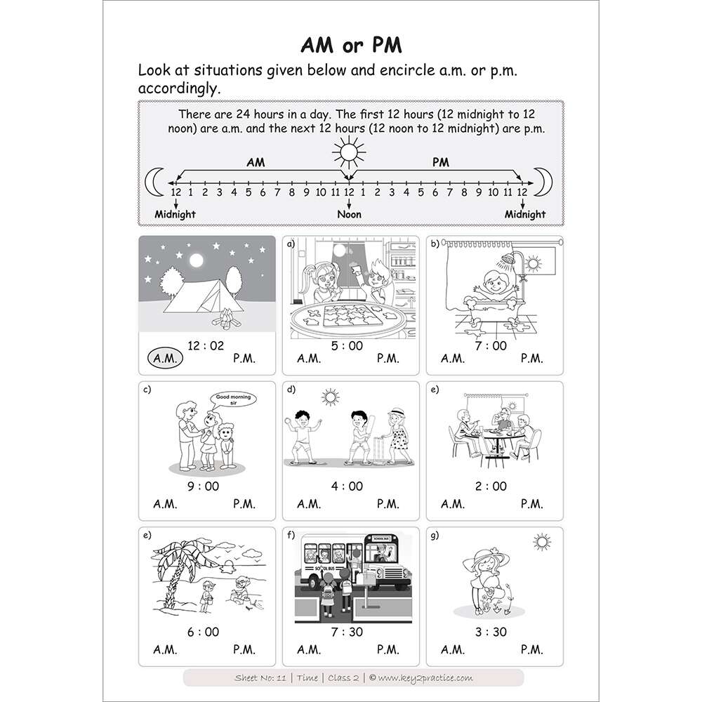 Time (AM and PM) worksheets for grade 2