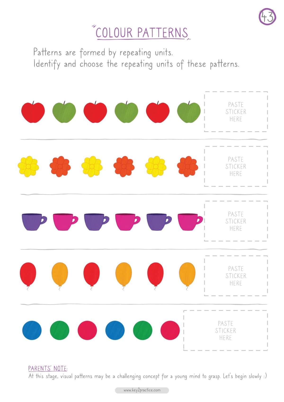 STEP ONE (colour patterns) stickers worksheets for english pre-primary